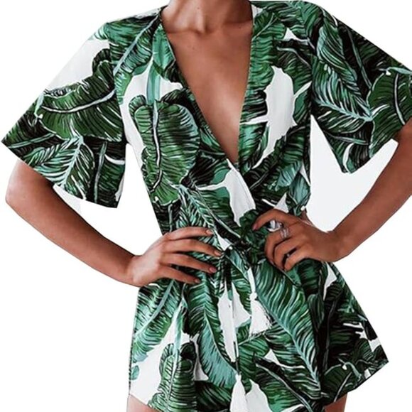 White and Green Palm Print Romper - Size M - Picture 1 of 2